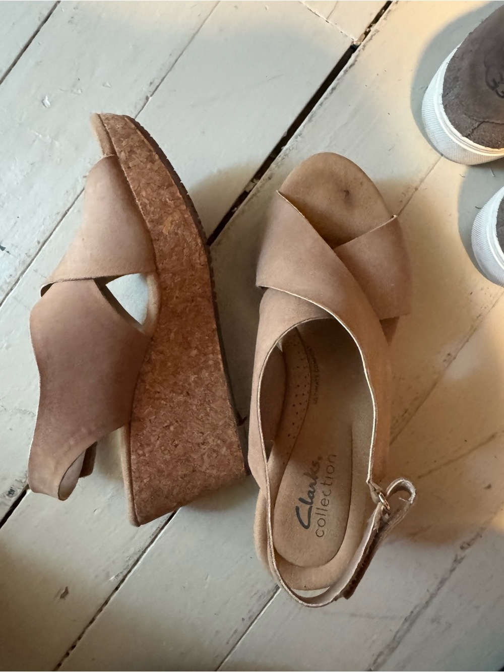 Clarks Tan Suede Cork Wedge Sandals with Crisscross Straps